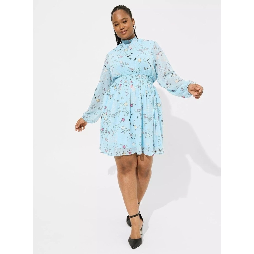 Torrid Mini Clipdot Blouson Sleeve Mock Neck Skater Dress in Cosmic Stars 1X